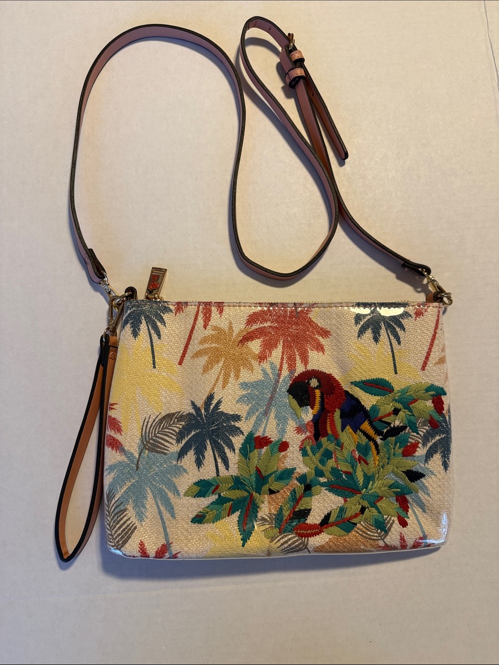 Beige Tropical Parrot Embroidered Crossbody Bag